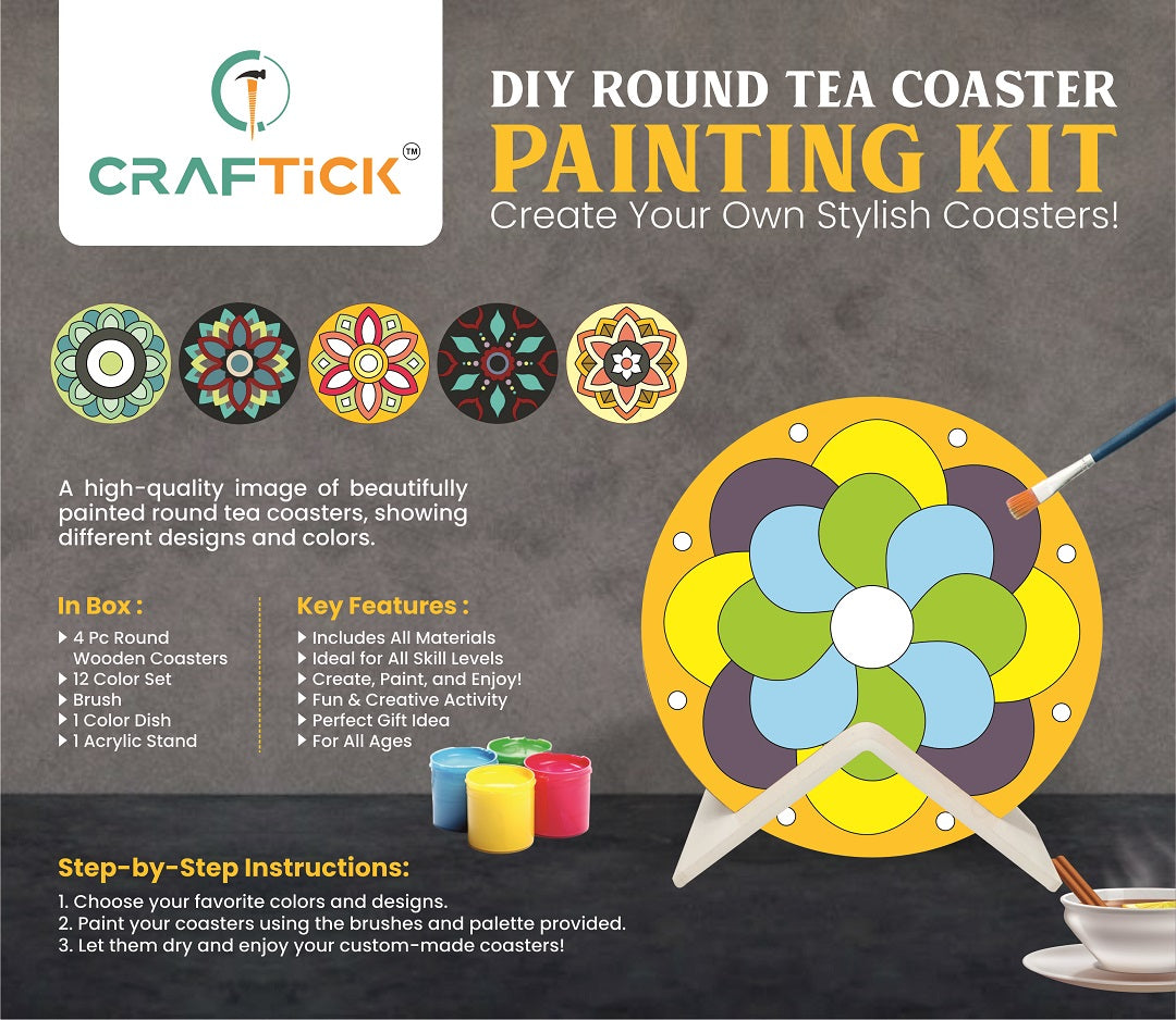 Wooden Round Tea Coaster DIY Painting Kit | Creative Craft for Kids & Adults