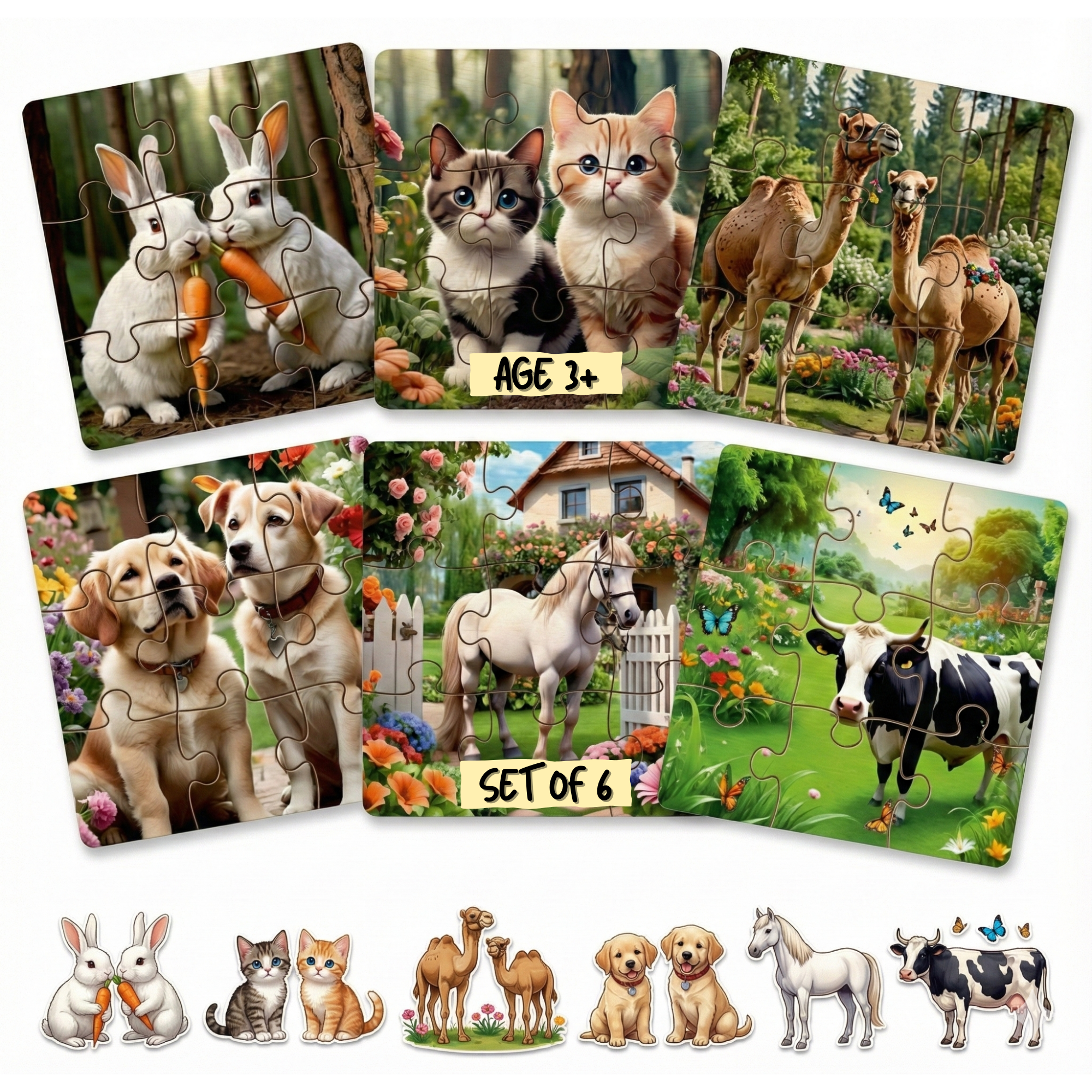 Wooden 6 Pieces Domestic Animals Puzzle Set for Kids | Educational Learning Toy