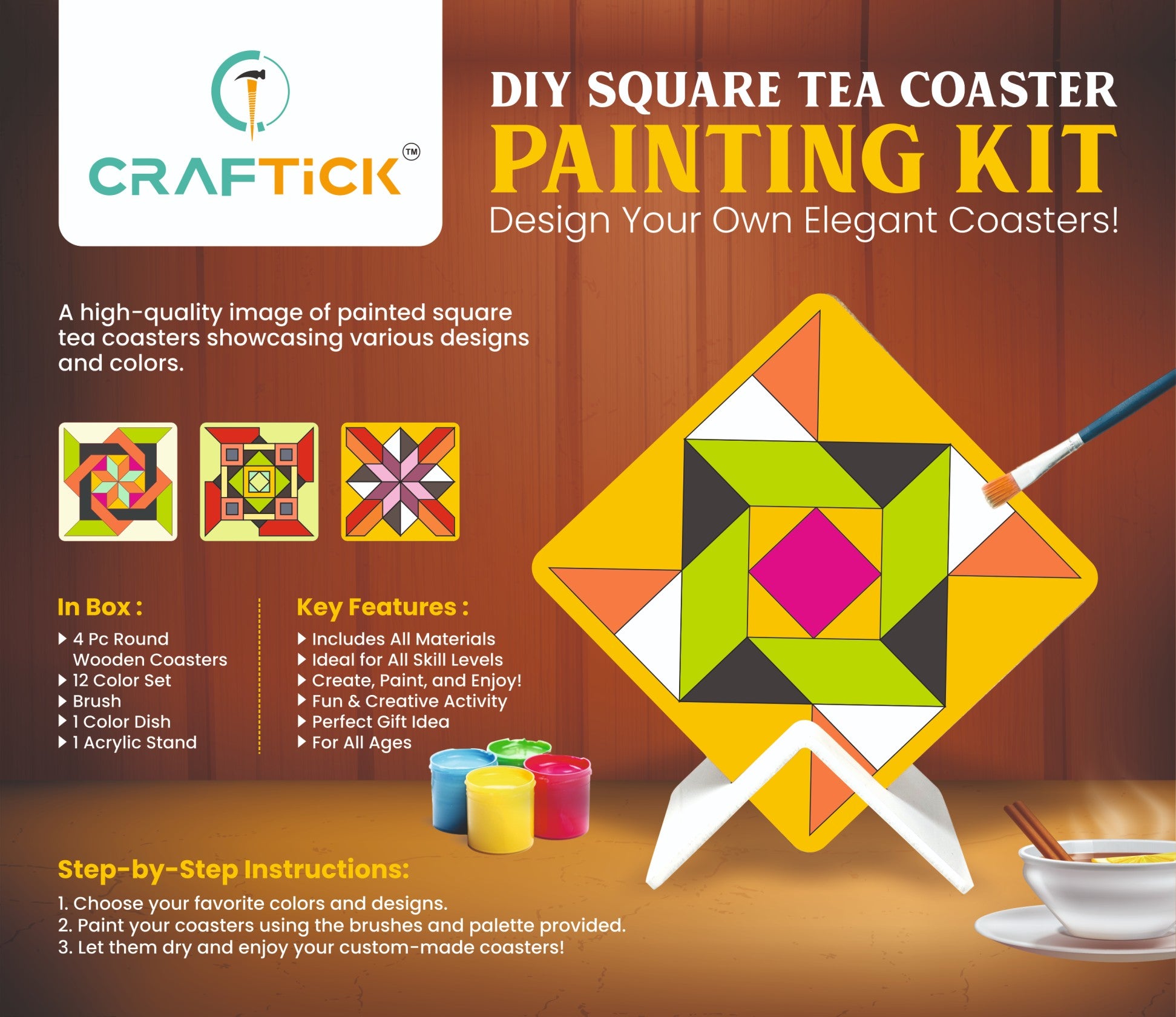 Wooden Square Tea Coaster DIY Painting Kit | Creative Craft for Kids & Adults