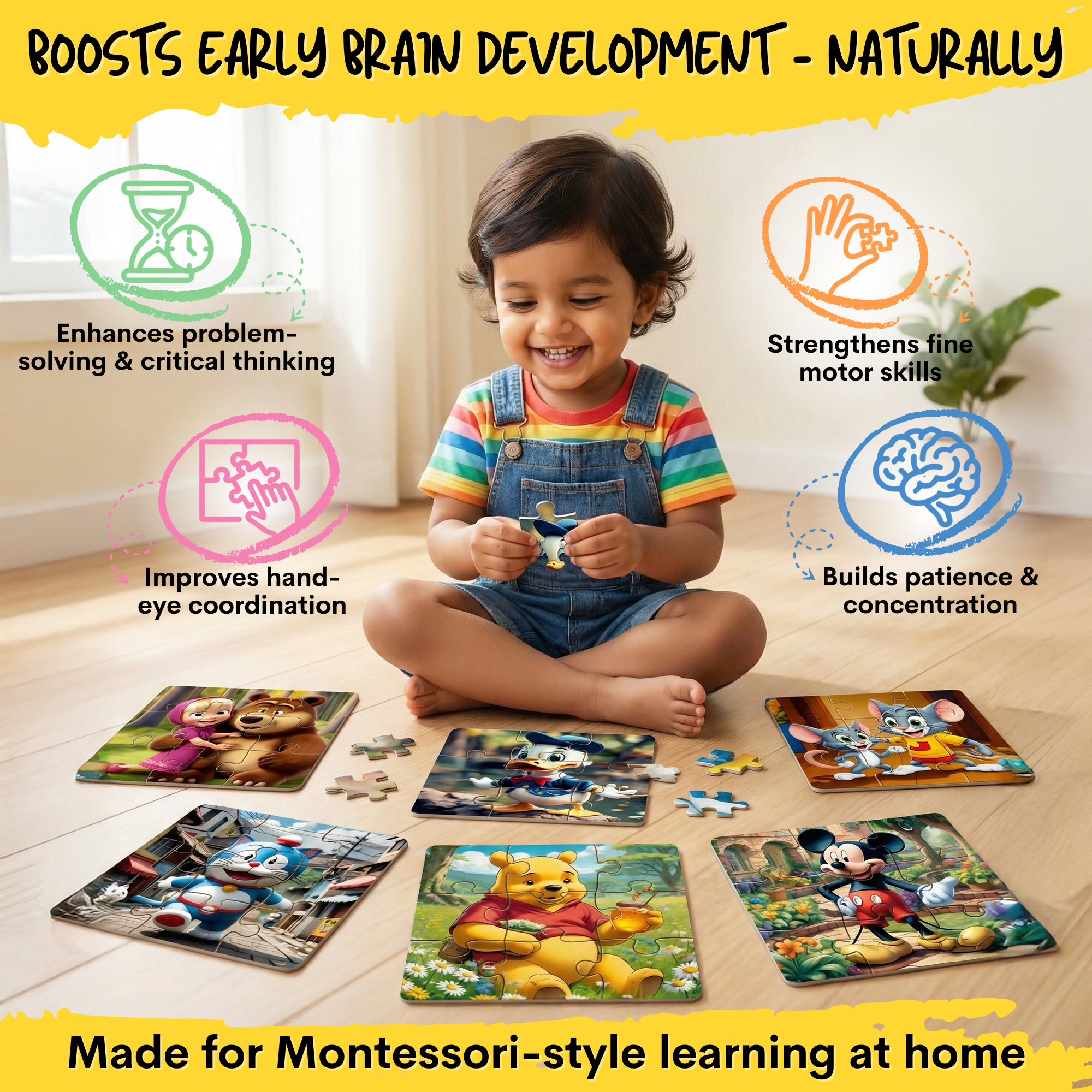 Wooden 6 Pieces Cartoon Puzzle Set for Kids | Educational Mind Power Game