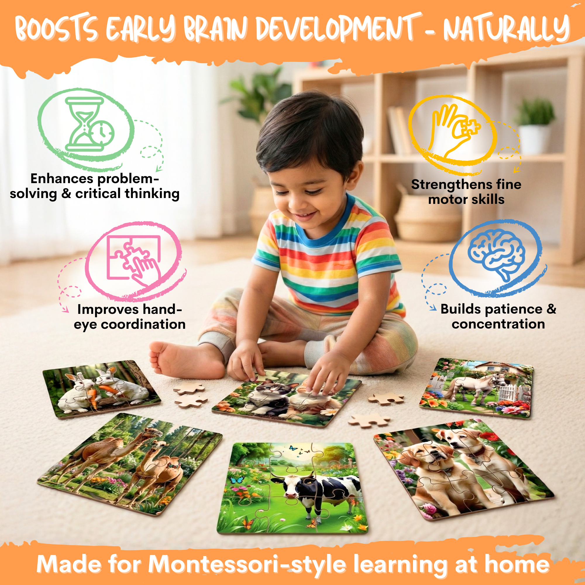 Wooden 6 Pieces Domestic Animals Puzzle Set for Kids | Educational Learning Toy