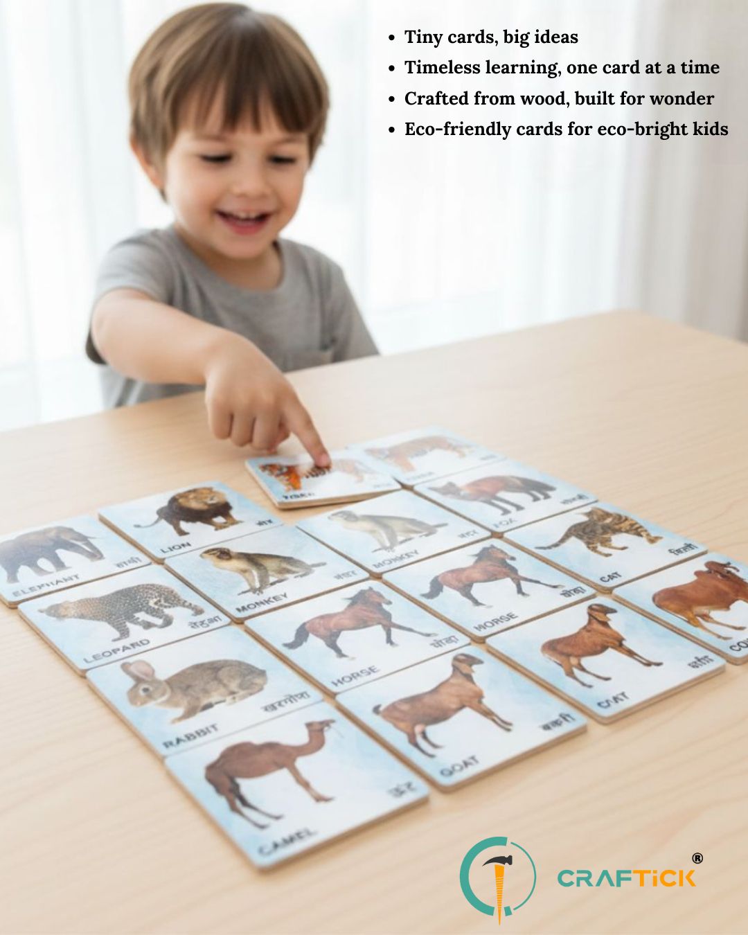 Wooden Animals Flash Cards for Kids | Animal Learning Picture Cards