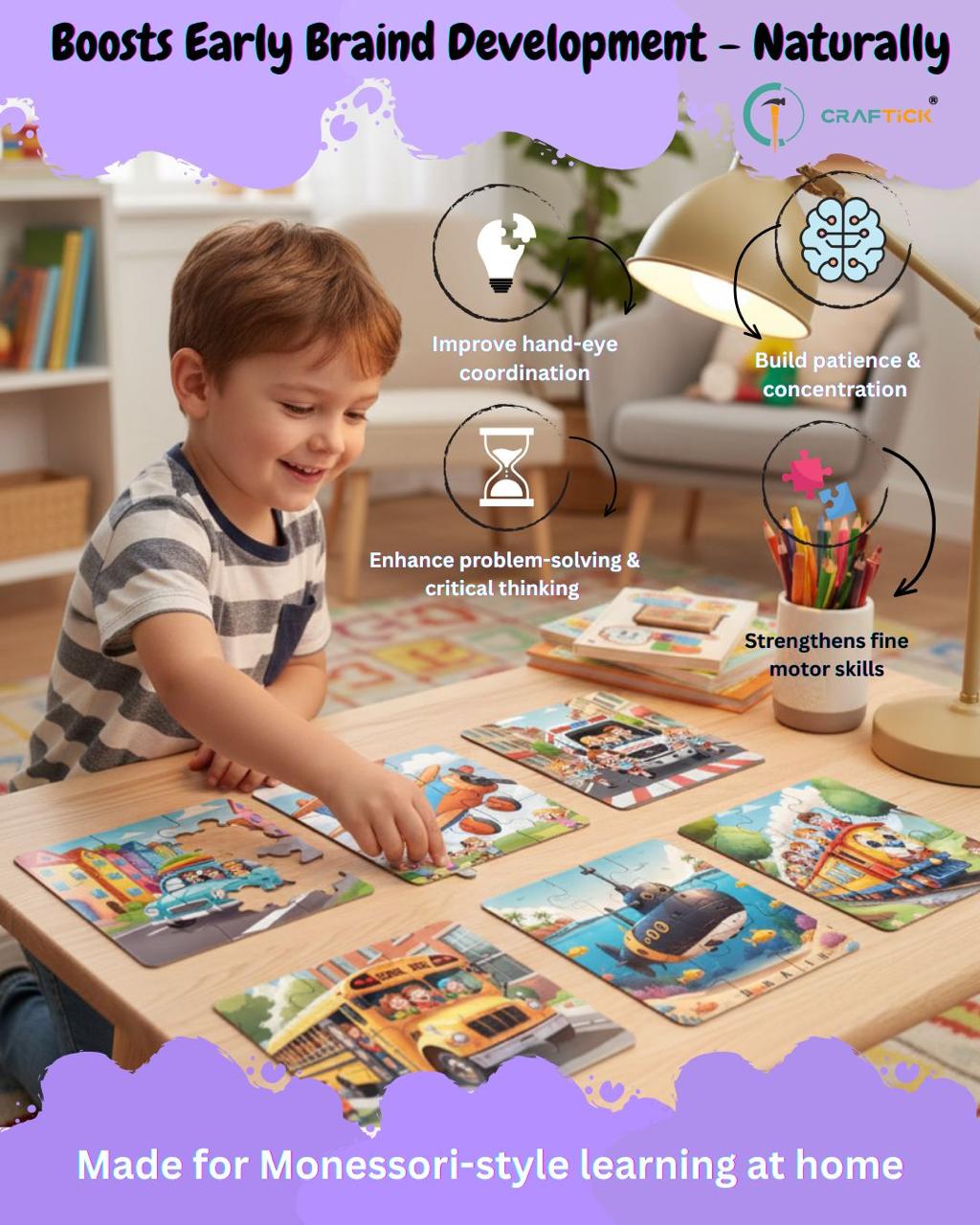 Wooden 6 Pieces Vehicle Puzzle Set for Kids | Educational Learning Toy