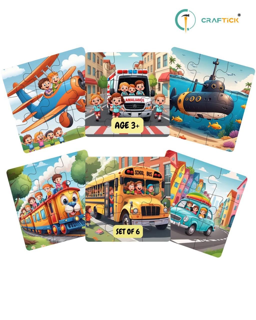 Wooden 6 Pieces Vehicle Puzzle Set for Kids | Educational Learning Toy