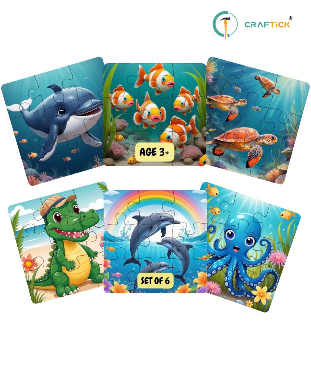 Wooden 6 Pieces Sea Animals Puzzle Set for Kids | Educational Learning Toy