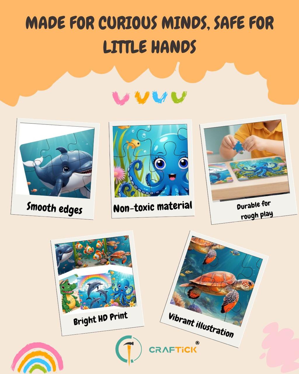 Wooden 6 Pieces Sea Animals Puzzle Set for Kids | Educational Learning Toy