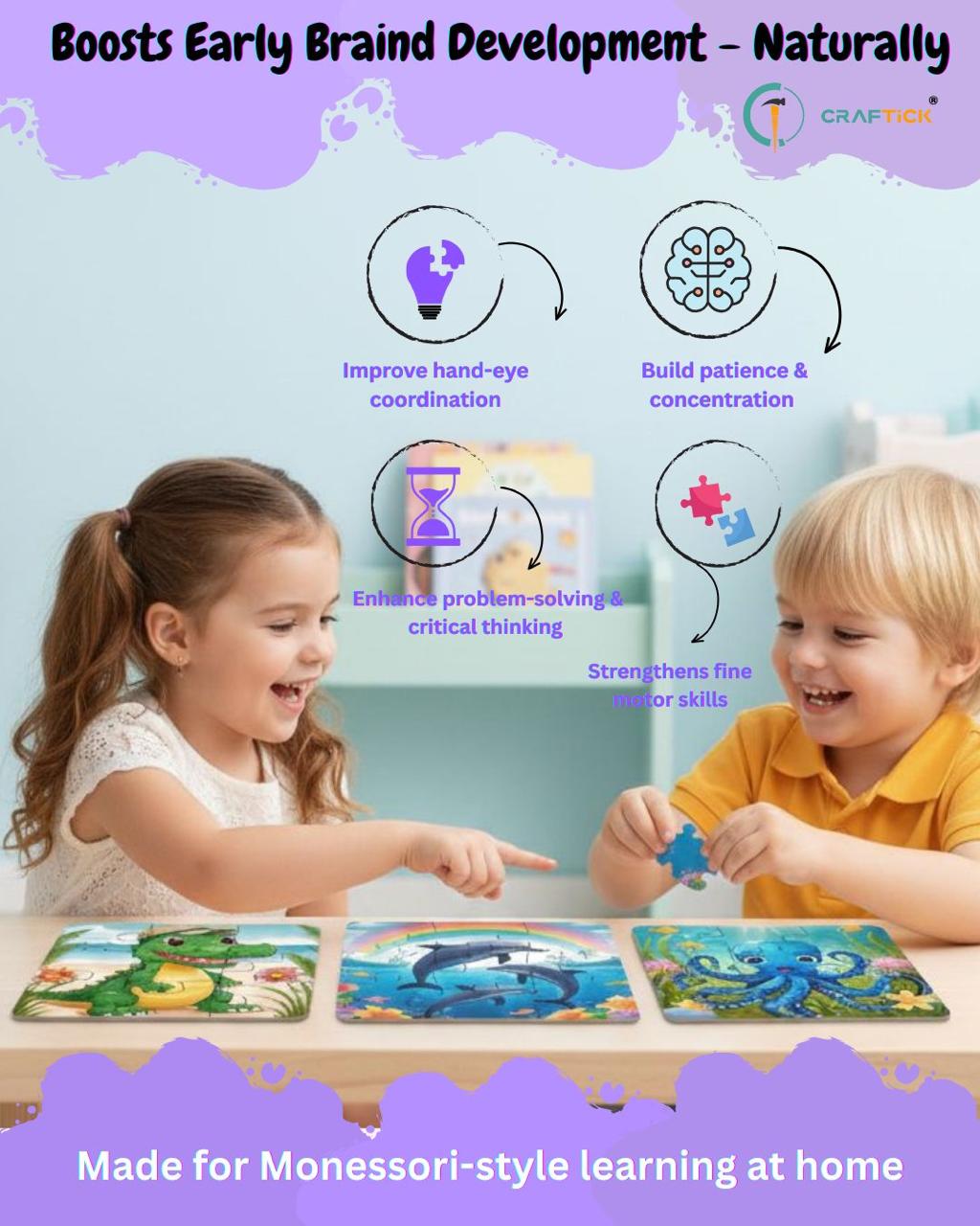Wooden 6 Pieces Sea Animals Puzzle Set for Kids | Educational Learning Toy