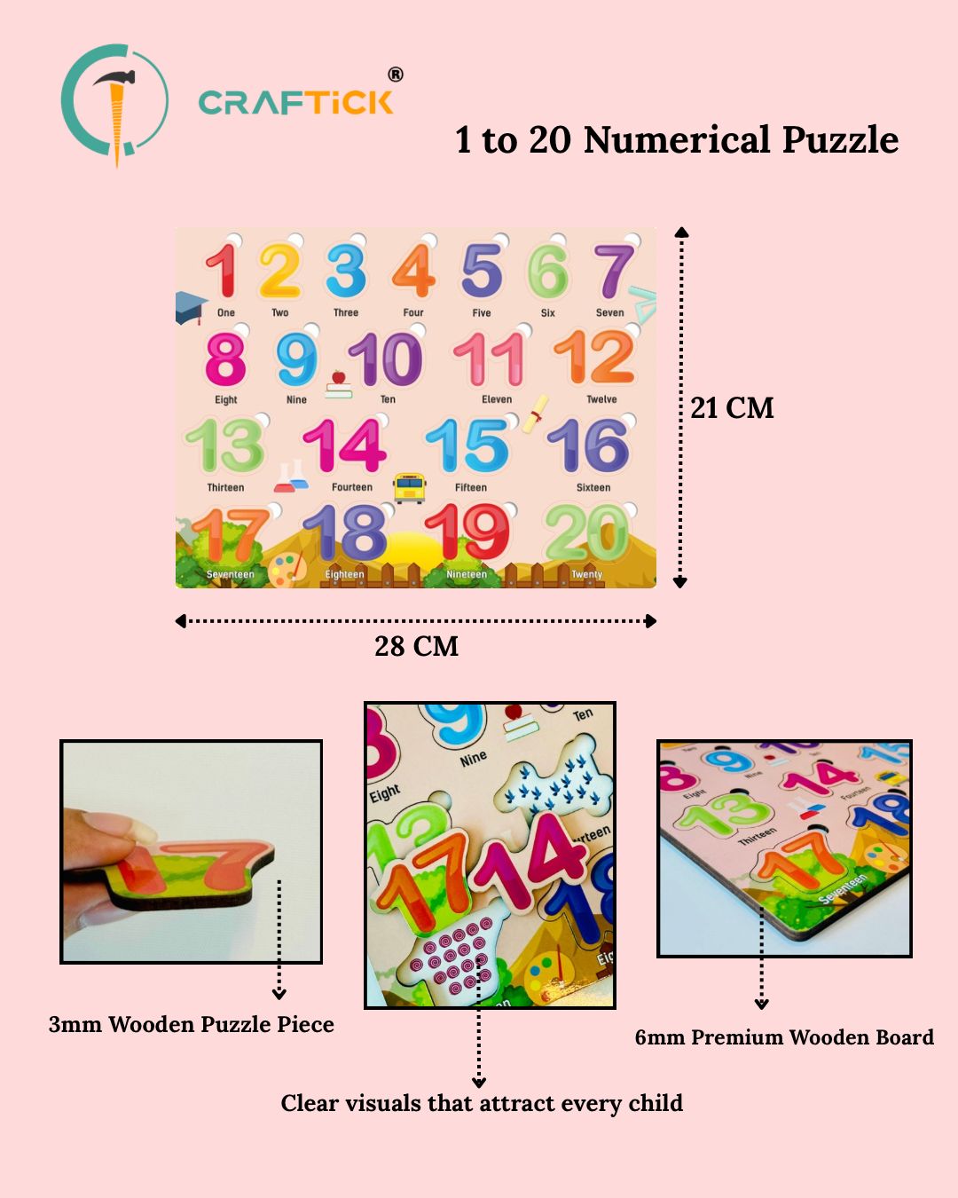 Wooden Numbers 1–20 Puzzle for Kids | Early Math Learning Educational Toy
