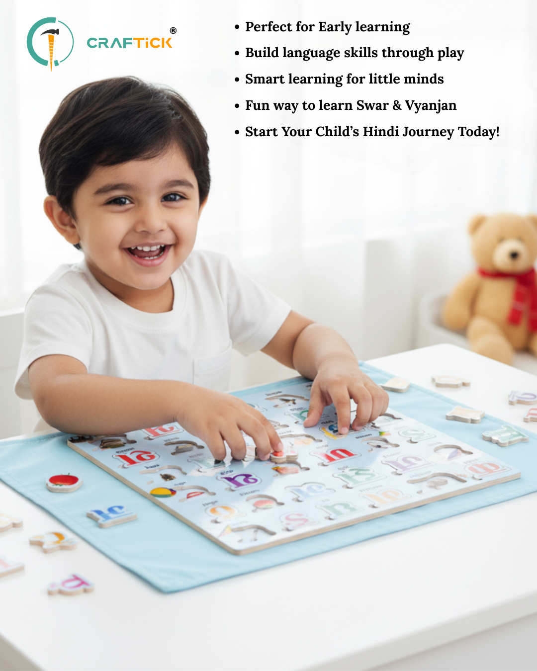 Wooden Hindi Varnamala Alphabet Puzzle Board for Kids | Educational Learning Toy