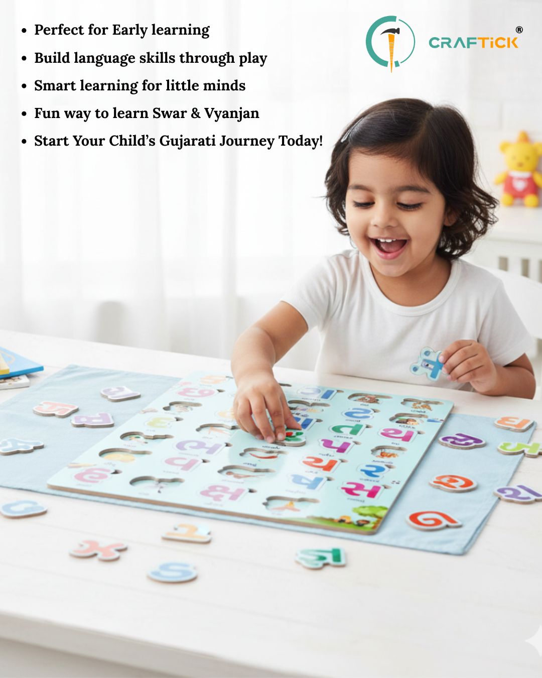 Wooden Gujarati Kakko Swar & Vyanjan Puzzle Board for Kids | Educational Learning Toy