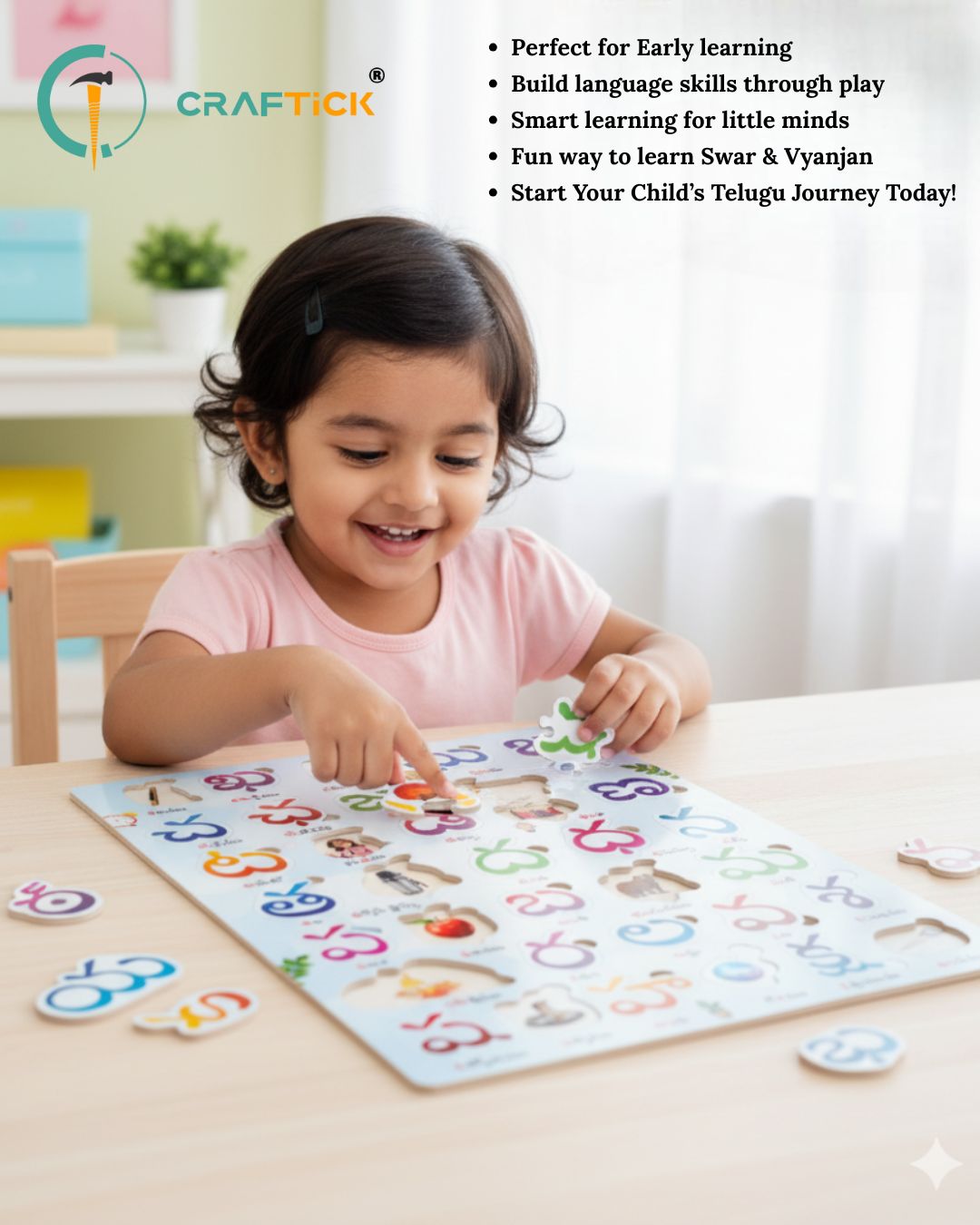 Wooden Telugu Varnamala Alphabet Puzzle Board for Kids | Educational Learning Toy