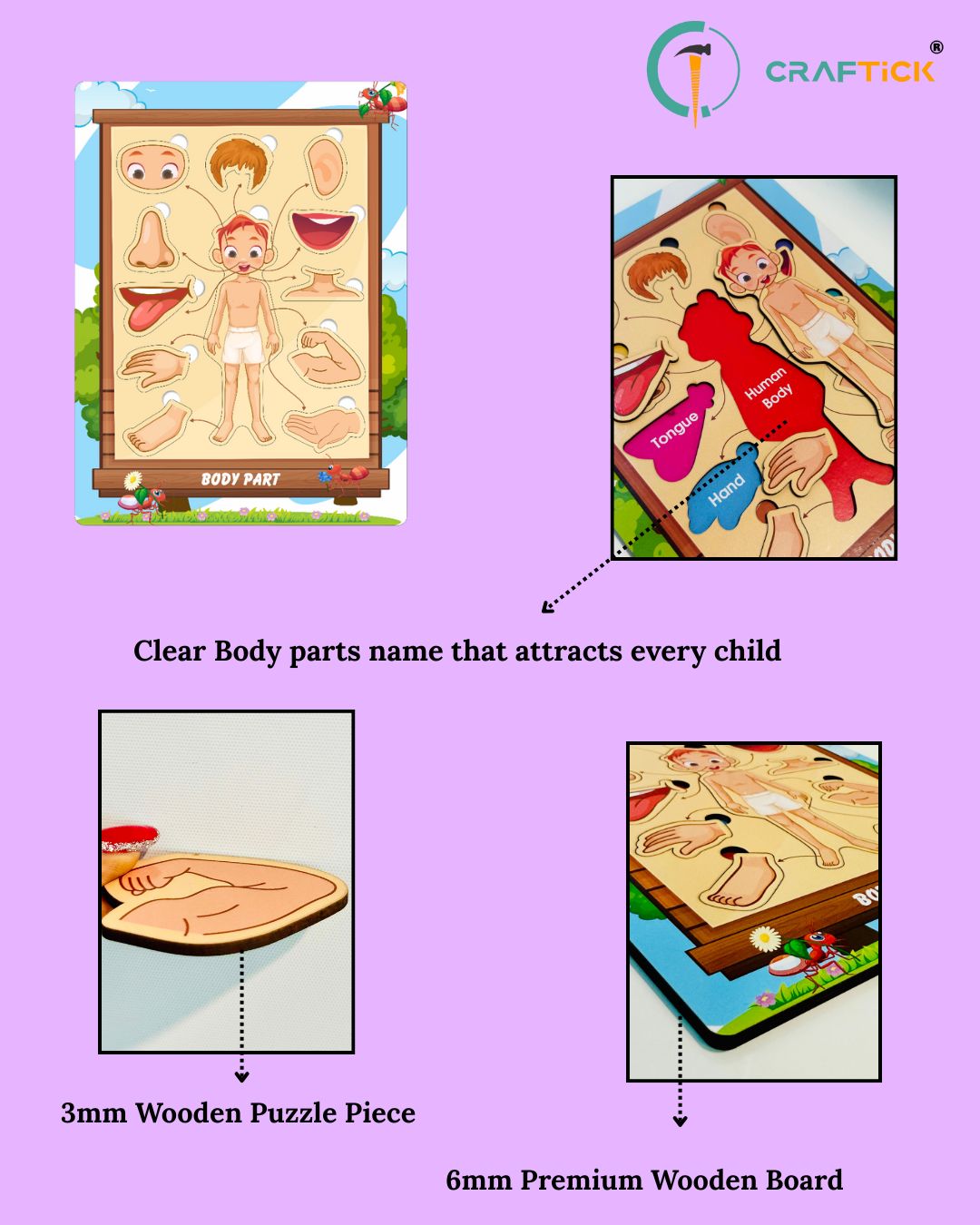 Wooden Body Parts Peg Board Puzzle for Kids | Educational Learning Toy