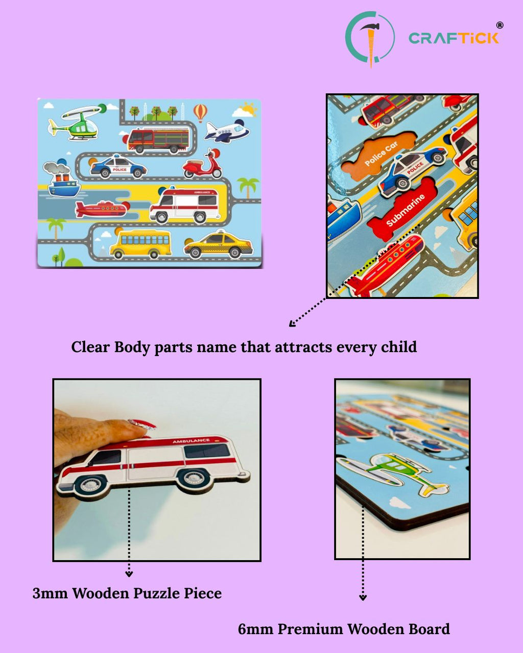 Wooden Vehicle Puzzle for Kids | Transport Learning Educational Toy